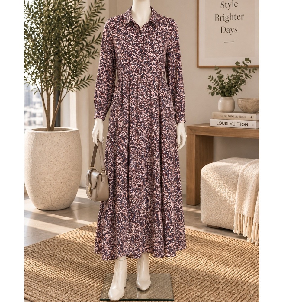 Boii Womens Shirt Dress Abstract Floral Tiered Long Sleeve Pink Blue XS